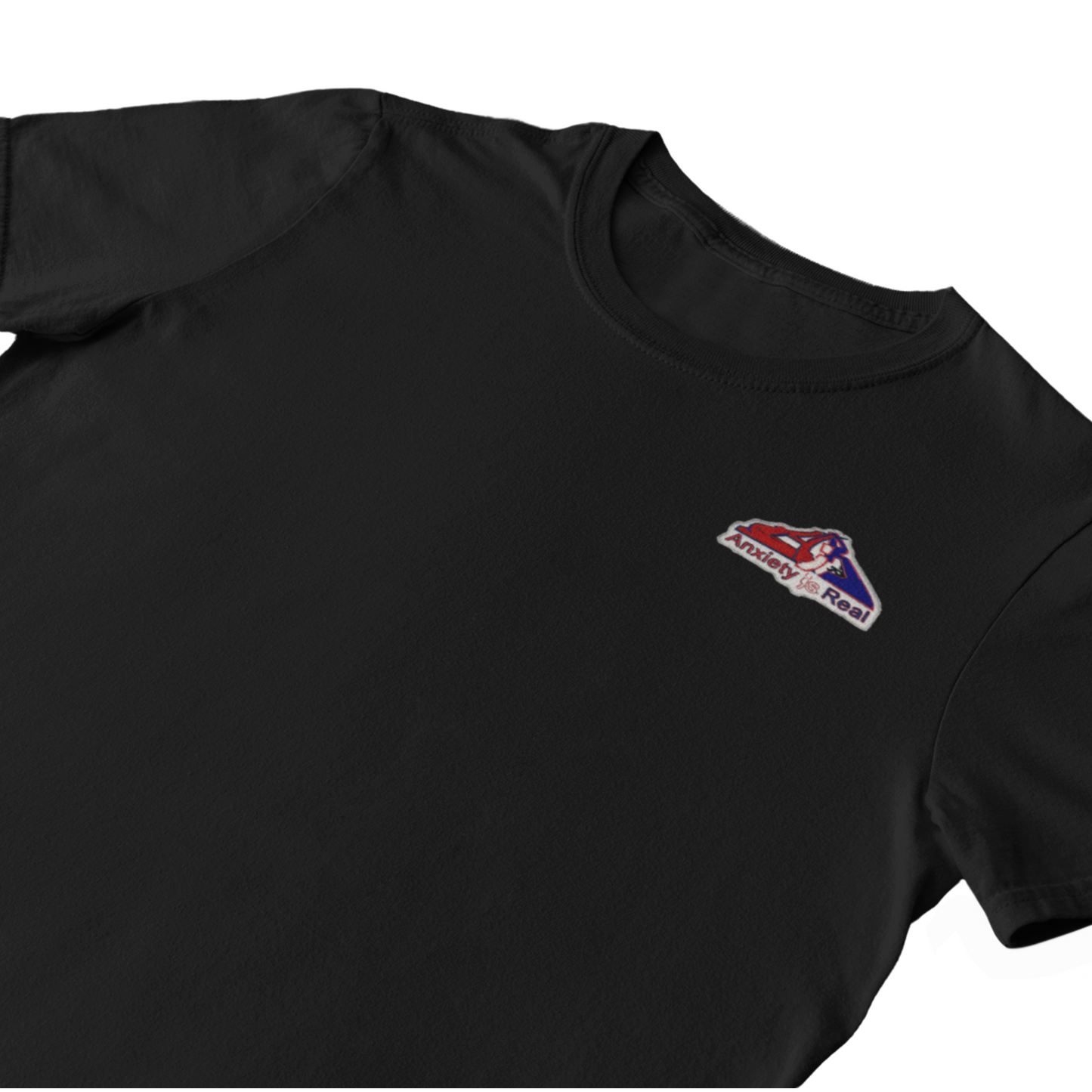 Black cotton short sleeve tshirt with red, navy and white anxiety is real chenille patch on left chest area.