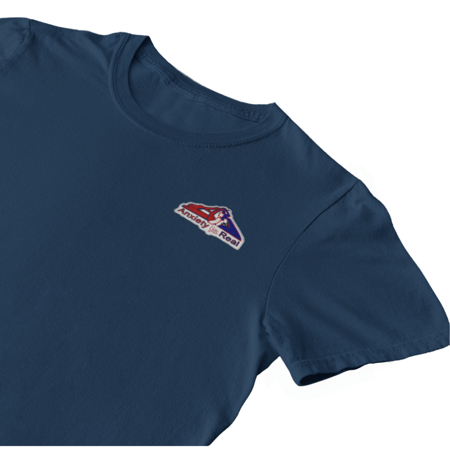 Navy cotton short sleeve tshirt with red, navy and white anxiety is real chenille patch on left chest area.