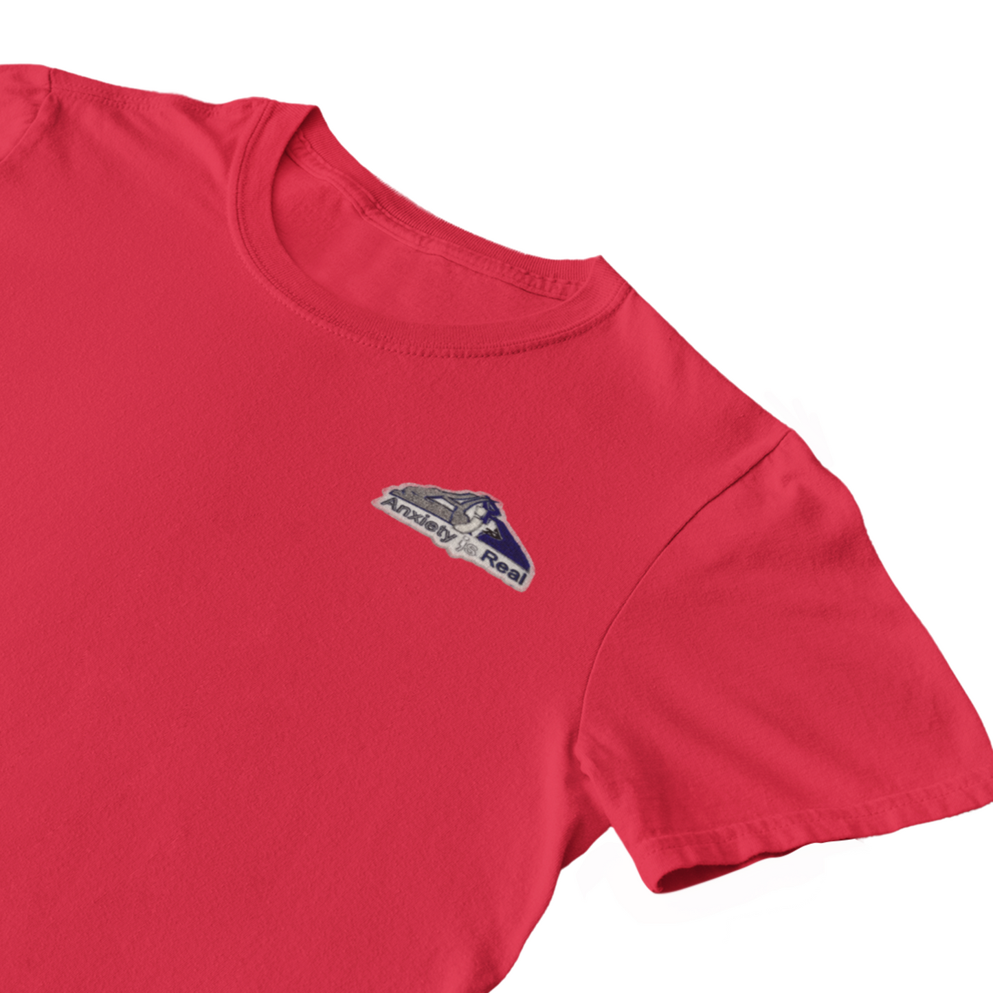 Red cotton short sleeve tshirt with grey, navy and white anxiety is real chenille patch on left chest area.
