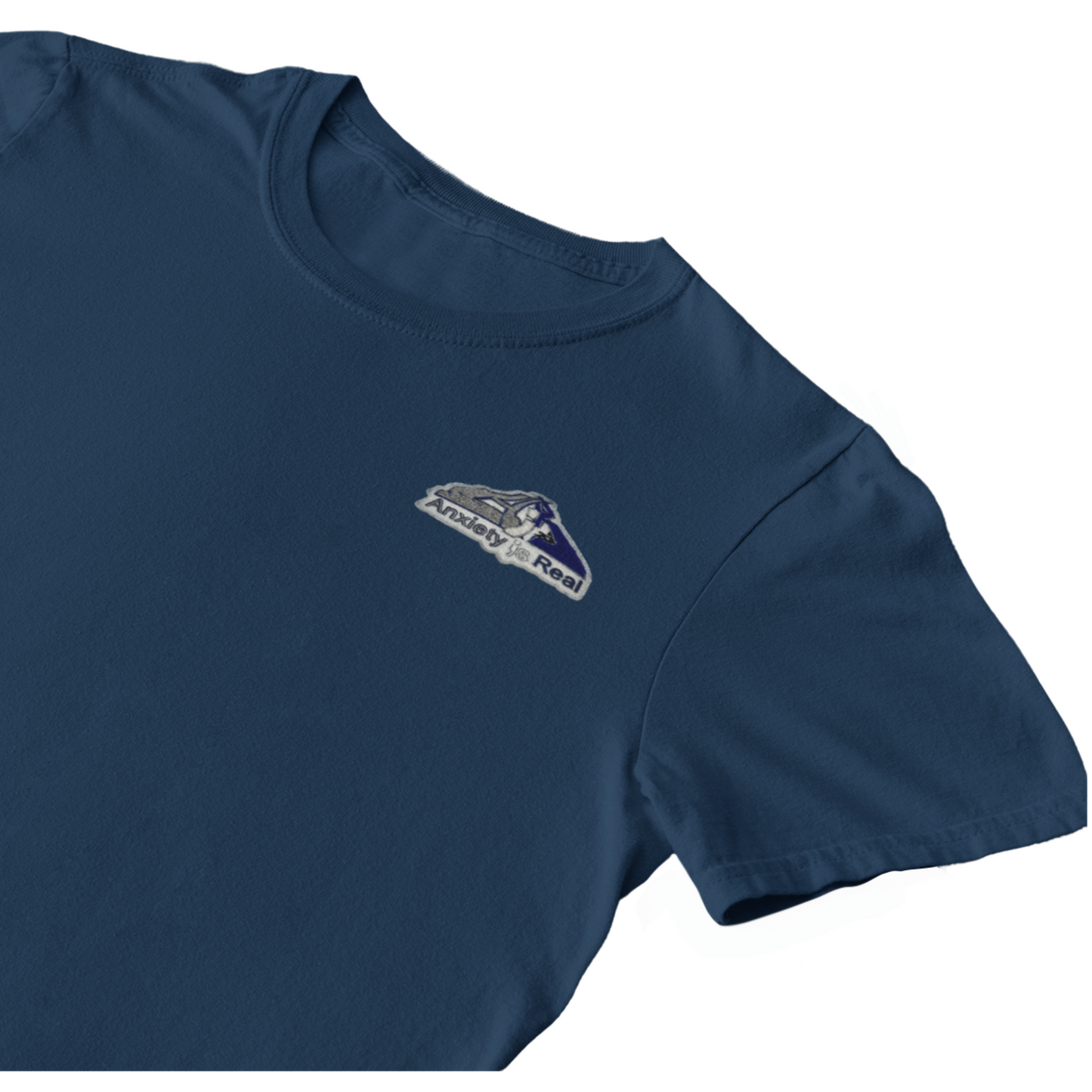 Navy cotton short sleeve tshirt with grey, navy and white anxiety is real chenille patch on left chest area.