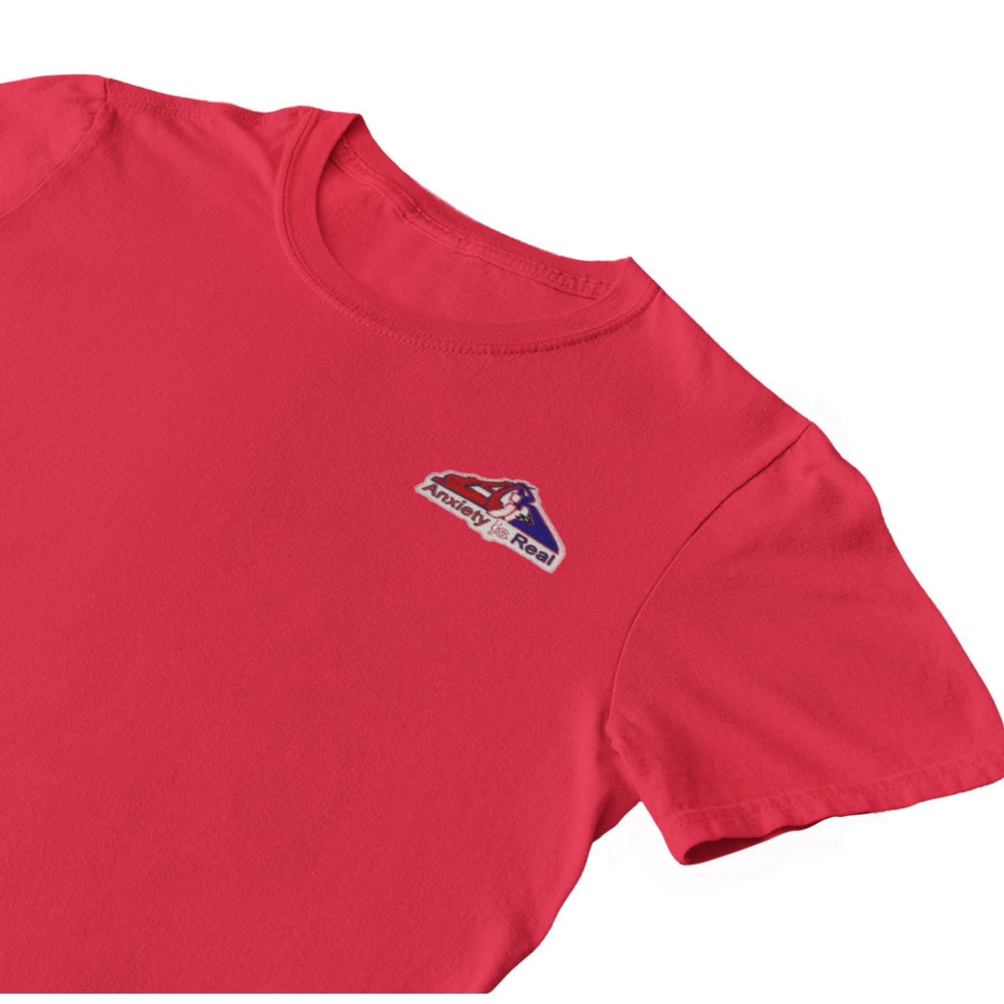 Red cotton short sleeve tshirt with red, navy and white anxiety is real chenille patch on left chest area.