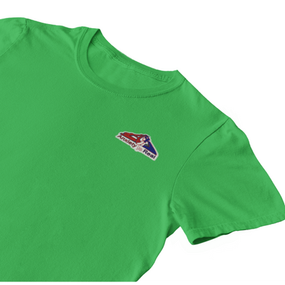 Green cotton short sleeve tshirt with red, navy and white anxiety is real chenille patch on left chest area.