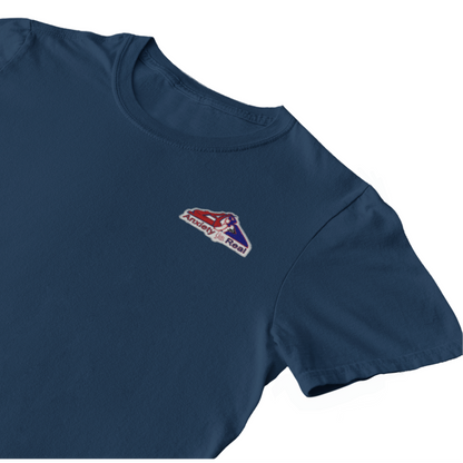Navy cotton short sleeve tshirt with red, navy and white anxiety is real chenille patch on left chest area.