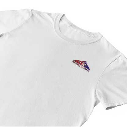 White cotton short sleeve tshirt with red, navy and white anxiety is real chenille patch on left chest area.