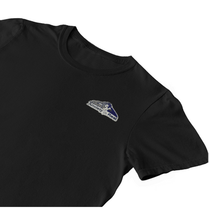 Black cotton short sleeve tshirt with grey, navy and white anxiety is real chenille patch on left chest area.