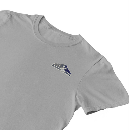 Gray cotton short sleeve tshirt with grey, navy and white anxiety is real chenille patch on left chest area.