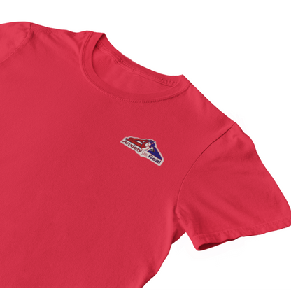 Red cotton short sleeve tshirt with red, navy and white anxiety is real chenille patch on left chest area.