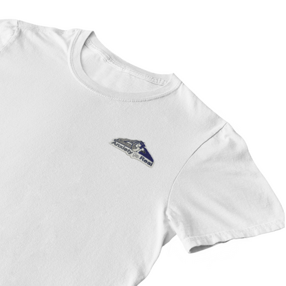 White cotton short sleeve tshirt with grey, navy and white anxiety is real chenille patch on left chest area.